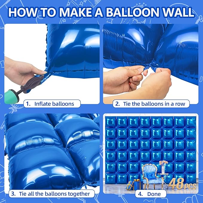 NISOCY 48PCS Blue Square Foil Balloons Wall Backdrop Double Sided Dark Blue Balloons Tunnel Arch Kit for Birthday Baby Shower Graduation Wedding Anniversary Party Decoration