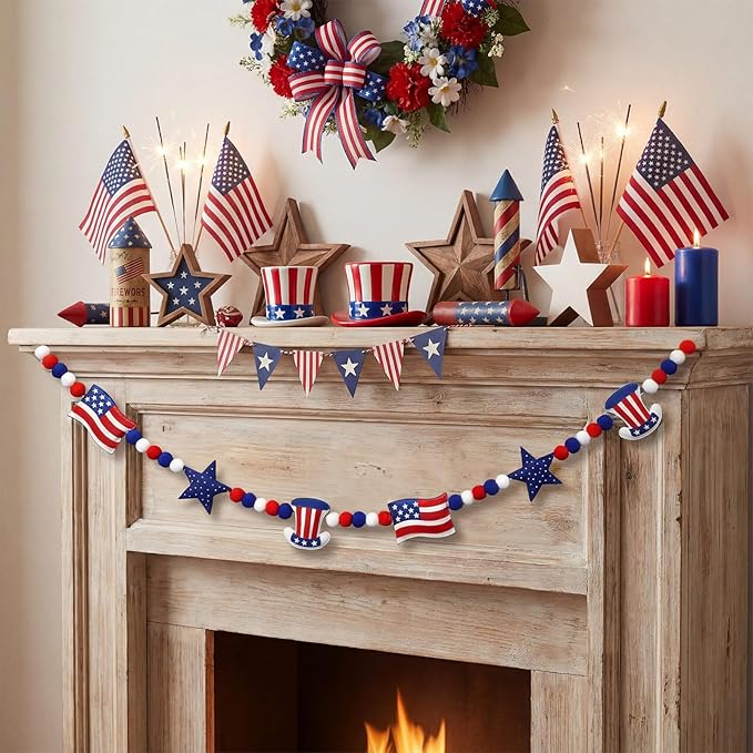 Felt 4th of July Garland 3D Red White Blue Patriotic Pom Ball Banner with Flag & Stars 250th Anniversary Decorative Hanging Bunting for Home Mantel Independence Day Memorial