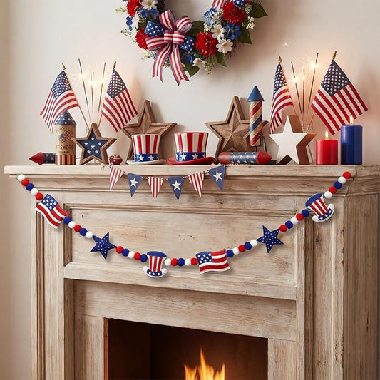 Felt 4th of July Garland 3D Red White Blue Patriotic Pom Ball Banner with Flag & Stars 250th Anniversary Decorative Hanging Bunting for Home Mantel Independence Day Memorial