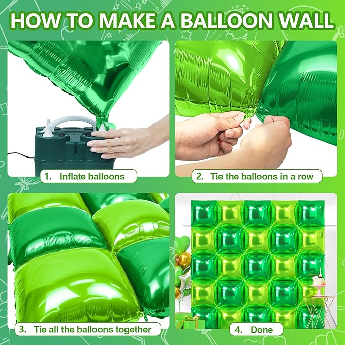 NISOCY 25PCS Dark green and Light Green Square Foil Balloons Wall Backdrop Double Sided Green Balloons Arch Kit for Birthday Baby Shower St. Patrick's Day Spring Summer Jungle Theme Party Decorations