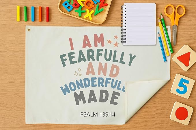 Rectangular Christian Bible Verse Scripture Canvas Banner Wall Decor Flag Sign for Baby Girl Kids,Nursery Bedroom Playroom Nursery Wall Decor,Baby Shower Baptism Christmas Gift-I Am Fearfully