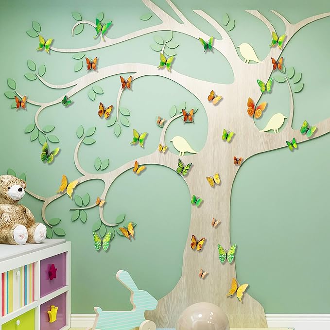 24pcs 3D Vivid Special Man-Made Lively Butterfly Wall Stickers Removable Butterflies Wall Decals 3D Nursery Art Decor for Kids Girls Bedroom Living Room Classroom Party Decoration Green & Yellow