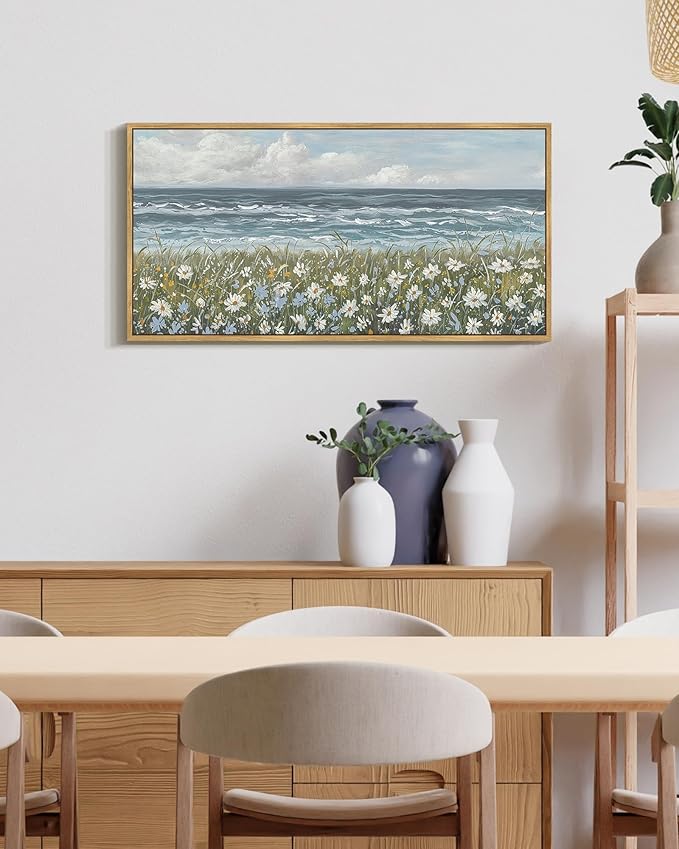 SHENIFY Vintage Landscape Framed Wall Art Sea Coastal Wildflower Field Scenery Farmhouse Decor Retro Painting for Bedroom Living Room Ready to Hang Wall Artwork - 8x16in Natural Framed