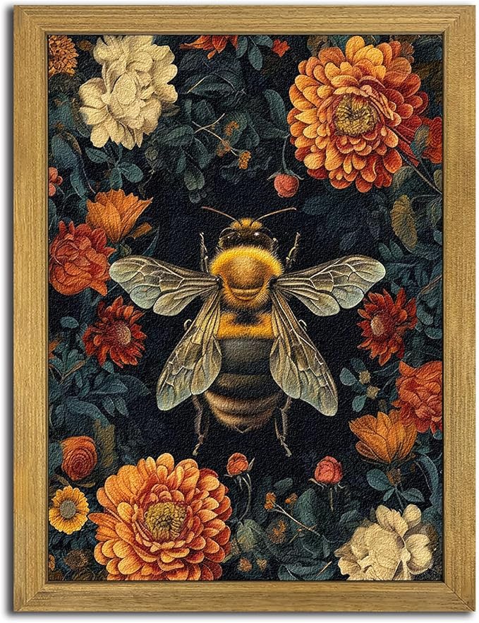 Framed Hand Drawn Sandstone Bee Wall Art, 3D Textured Nature Botanical Wall Decor Pictures, Dark College Vintage Flowers Print Painting for Living Room Bedroom Kitchen Home Decor 12x16inch