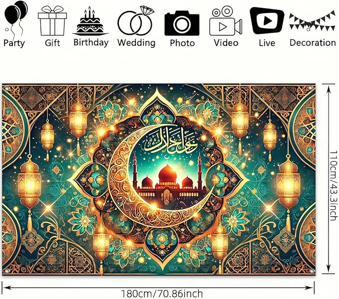 Ramadan Eid Banner Islamic Decoration Green Mosque Crescent Lanterns Hanging Backdrop with Hooks and String Arabic Calligraphy Sign for Muslim Festival Party 150D Polyester Wall Decor