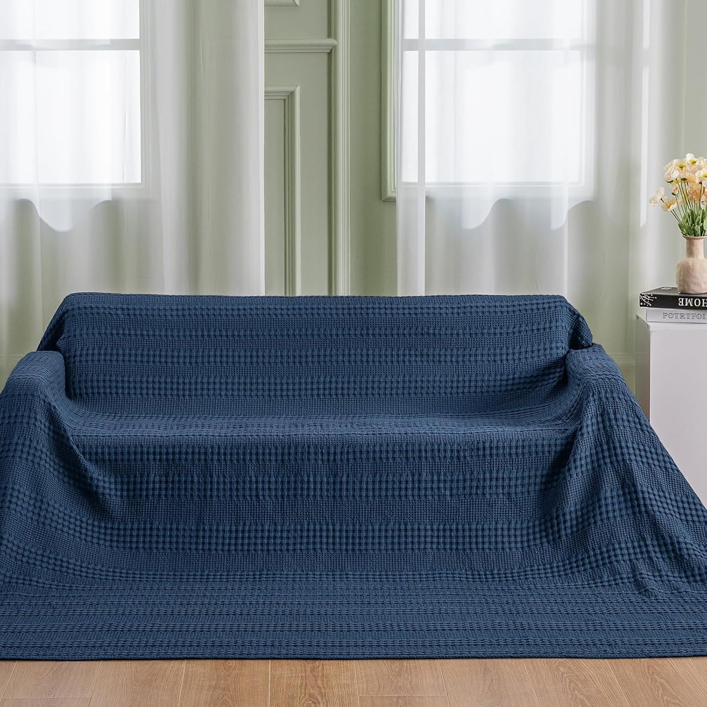 PHF Cooling Waffle Blanket California King Size, Lightweight 60% Rayon Derived from Bamboo & 40% Cotton Breathable Blanket for Hot Sleepers, Soft and Luxury for Bed Couch and Sofa, 110"x96", Navy Blue
