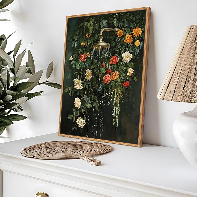 Floating Framed Floral Shower Wall Art, Vintage Botanical Flower Canvas Print, Romantic Garden Roses and Waterfall Painting, Nature Inspired Bathroom Wall Decor for Home Living Room 16x24 inch
