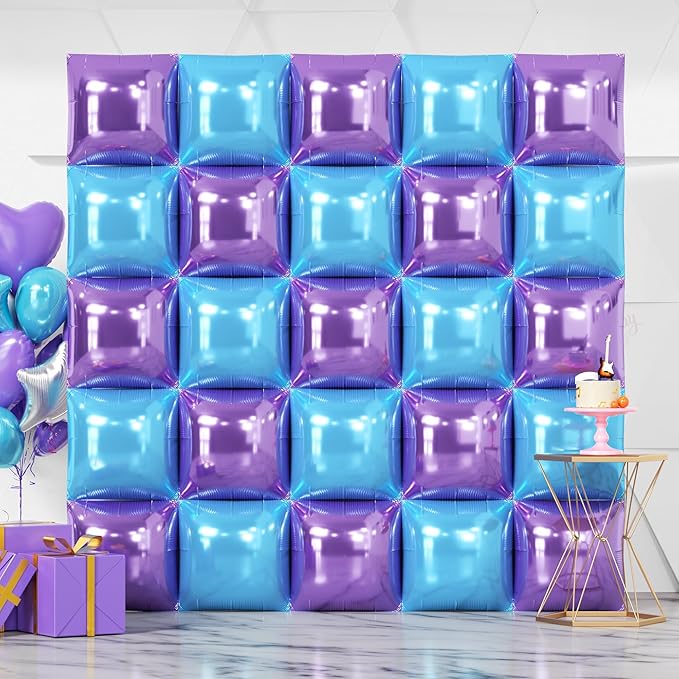 NISOCY 25PCS Light Purple and Blue Square Foil Balloons Wall Backdrop Double Sided Purple and Light Blue Frozen Balloons Arch Kit for Birthday Baby Bridal Shower Kids Winter Theme Party Decorations