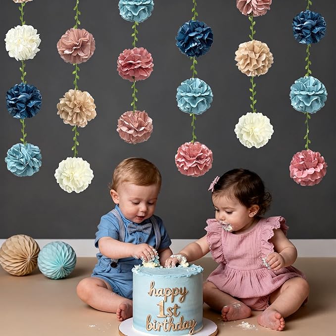 Dusty Rose Pink Blue Khaki Beige Tissue Paper Flowers Pom Pom with Leaf Ribbon Hanging Garland Streamer for Gender Reveal Baby Shower He or She Boy or Girl Vintage Themed Party Decorations Supplies