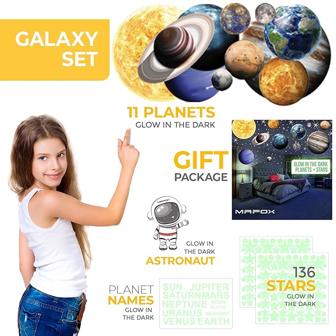Glow in The Dark Planets, Bright Solar System Wall Stickers -Sun Earth Mars and so on,9 Glowing Ceiling Decals for Bedroom Living Room,Shining Space Decoration for Kids for Girls and Boys