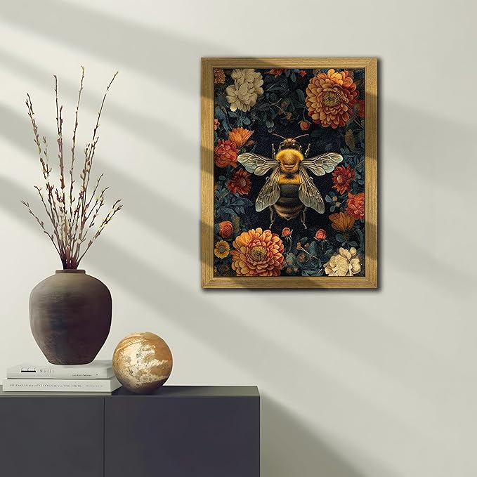 Framed Hand Drawn Sandstone Bee Wall Art, 3D Textured Nature Botanical Wall Decor Pictures, Dark College Vintage Flowers Print Painting for Living Room Bedroom Kitchen Home Decor 16x24inch