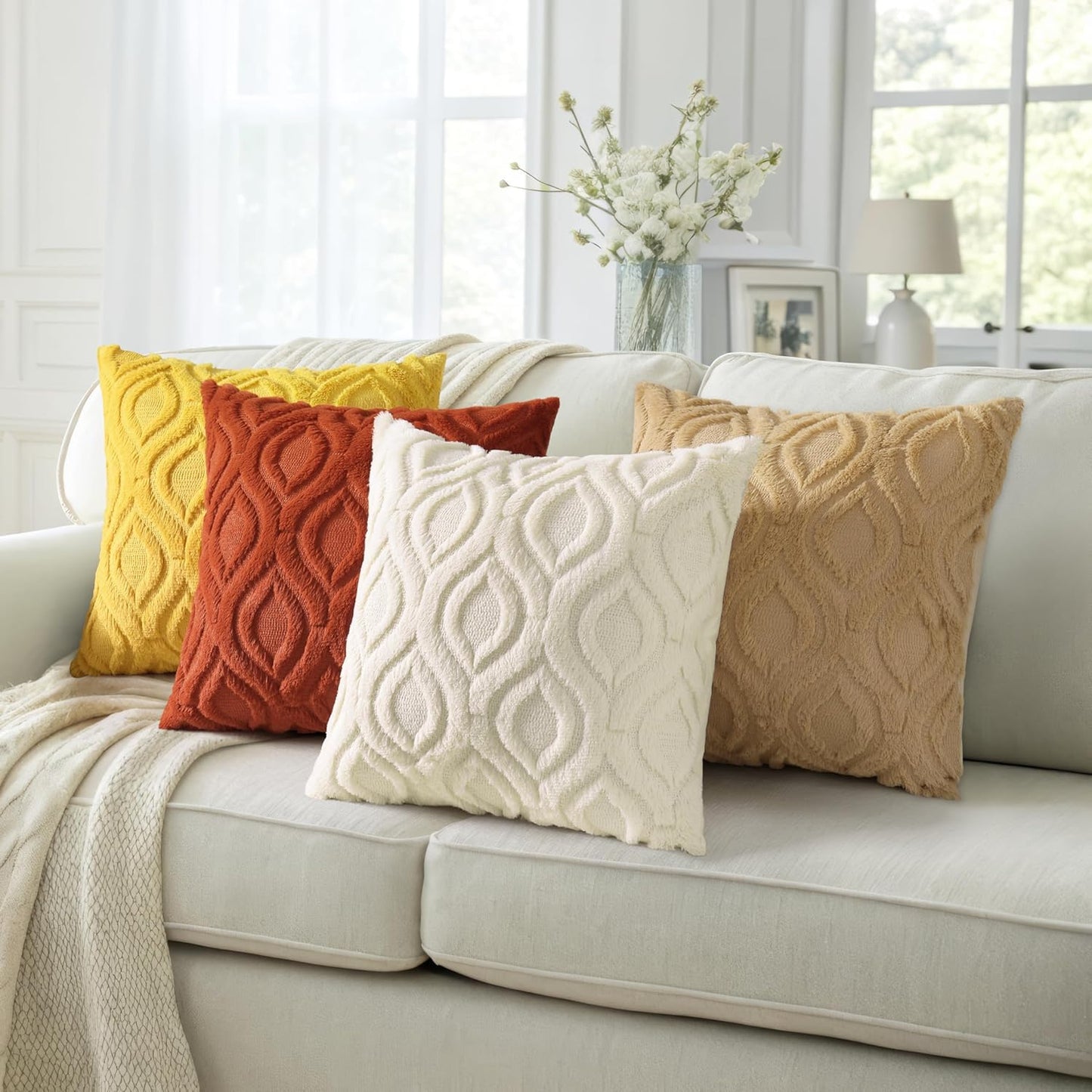 decorUhome Throw Pillow Covers 18x18 Inch Set of 2, Soft Plush Decorative Faux Fur Mustard Yellow Solid Couch Pillow Covers, Accent Farmhouse Neutral Square Euro Pillow Cases for Sofa Bed Living Room