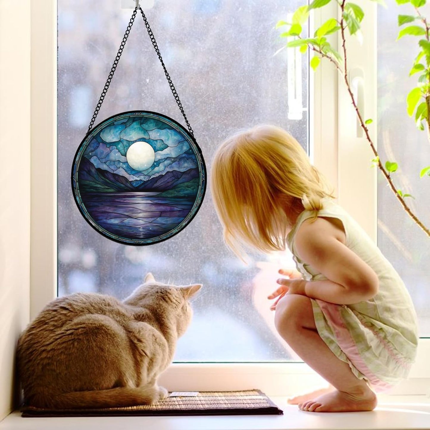Stained Glass Window Hanging, Blue Night Moon Lake Sun Catchers Colorful Glass Panel Landscape Suncatcher Decor for Birthday for Women, Men, Wife, Aunt, and Mom 7.8 in