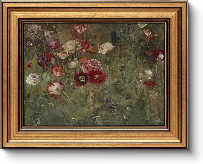 HUARCEY Framed Canvas Wall Art Prints, Bathroom Shelf Vintage Decor Aesthetic, Poppies Floral Paintings Farmhouse Wall Decor, Retro Table Desk Pictures for Bedroom Living Room, 8x10Inch