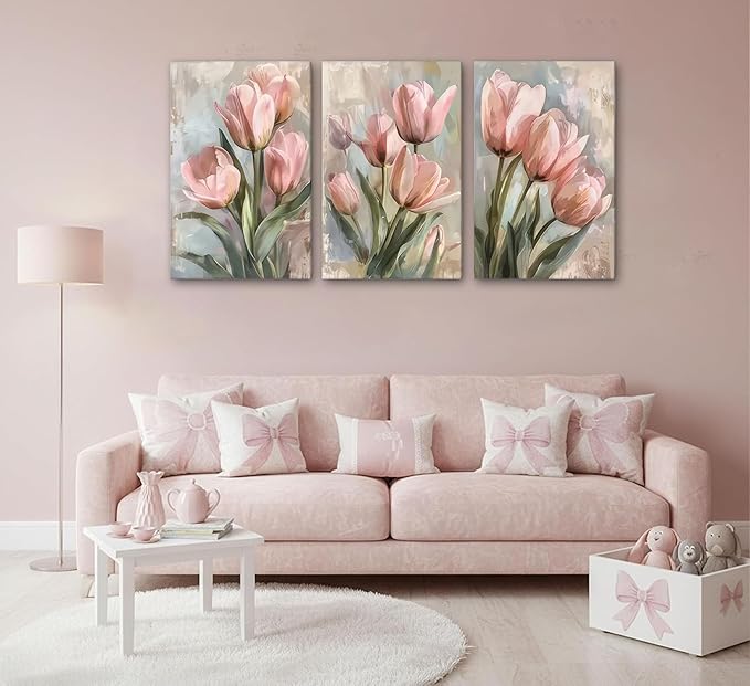 3 Pcs Vintage Pink Tulips Flowers Canvas Wall Art Retro Spring Pink and Green Floral Botanical Paintings Pictures Wall Decor Poster Print Artwork for Living Room Bedroom Home Decoration