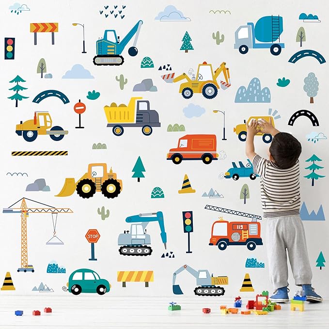 Construction Vehicles Wall Decals, 10 Sheets Truck Tractor Excavator Crane Vinyl Wall Stickers Peel and Stick Construction Stickers for Boys Bedroom Playroom Wall Art Decorations