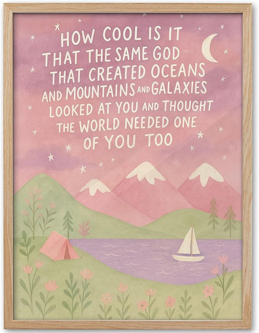 KensTro Natural OAK Wood Same God Creation Framed Wall Art,12x16in Inspirational Christian Bible Canvas Art,Mountain Nursery Decor,Pink Set of 1 for Christian Girl Bedroom Dorm for Girly Adoption Gift