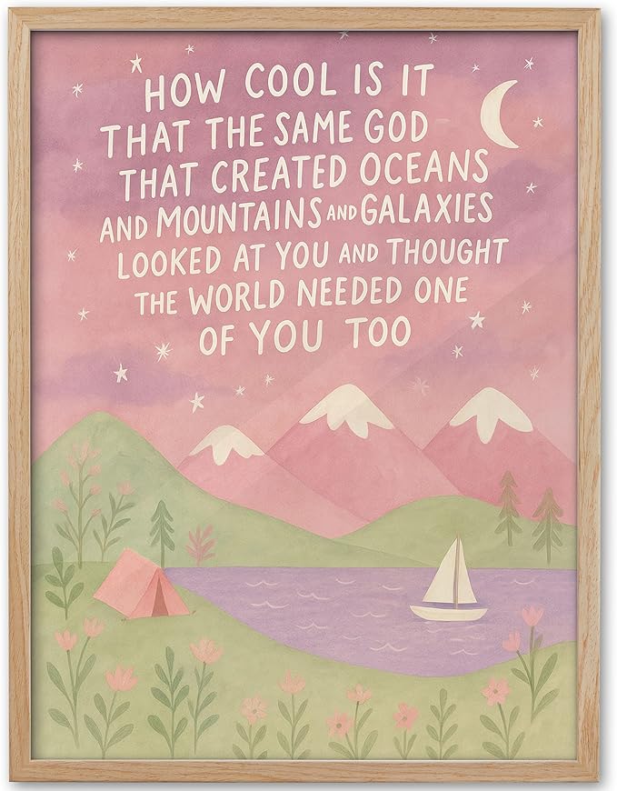 KensTro Natural OAK Wood Same God Creation Framed Wall Art, 16x20 in Inspirational Christian Bible Canvas Art,Mountain Nursery Decor,Pink Set of 1 for Christian Girly Dorm Gift for Girl Adoption Gifts