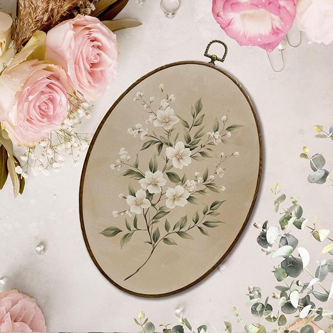 JQF Vintage Jasmine Floral Oval Wall Art, Rustic Cottagecore Botanical Floral Oval Canvas Wall Art, Retro Neutral Flower Framed Prints Hanging Decor for Home Bedroom Living Room, 8.5x11.5 Inch