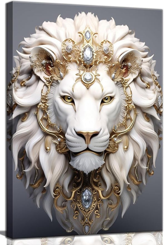 White Lion Canvas Wall Art Wild Animal Portraits Avatar Pictures Painting Decor Modern Large Gold Diamond Beast Posters Prints for Dining Living Room Bedroom Home Decoration