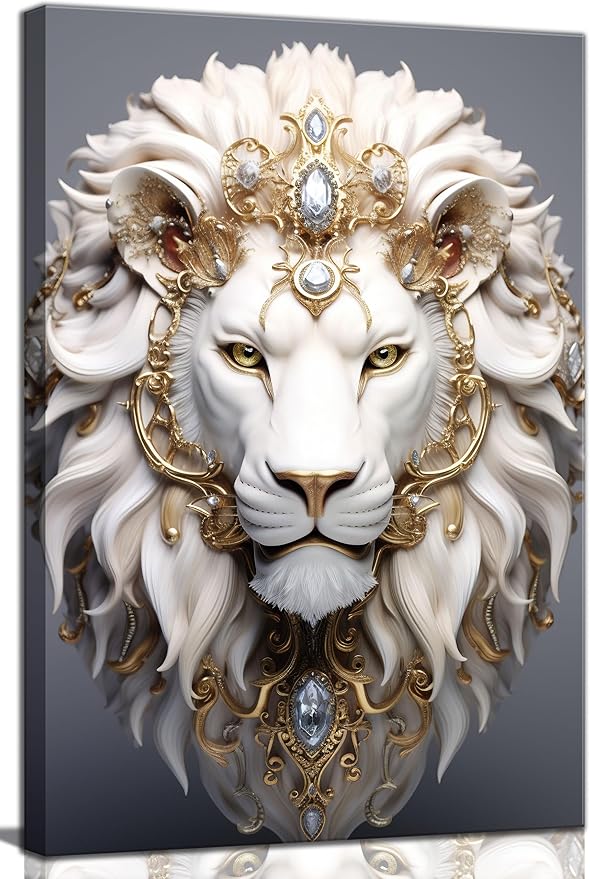 White Lion Canvas Wall Art Wild Animal Portraits Avatar Pictures Painting Decor Modern Large Gold Diamond Beast Posters Prints for Dining Living Room Bedroom Home Decoration
