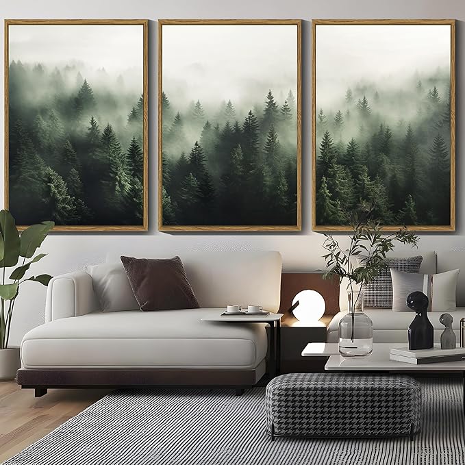 SHENIFY Green Fog Pine Tree Forest Canvas Wall Art Large 24x36in Framed Nature Modern Artwork Prints Decor - Natural Framed