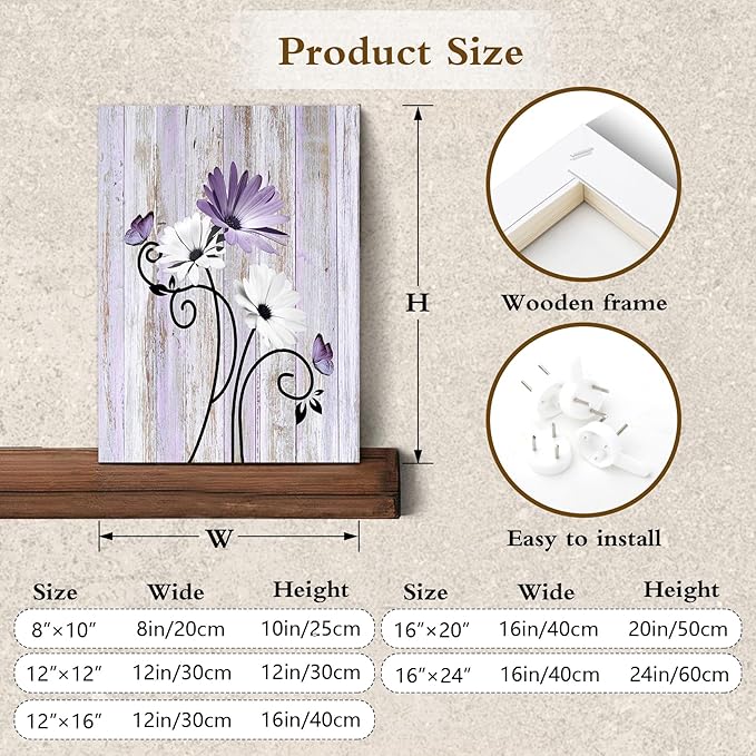 HVEST Purple Floral Daisy Wall Art Lavender Flower and Butterfly Rustic Botanical Abstract Painting Farmhouse Plant Wall Art for Bathroom Living Room Bedroom Decor Ready to Hang, 16Lx12W Inches