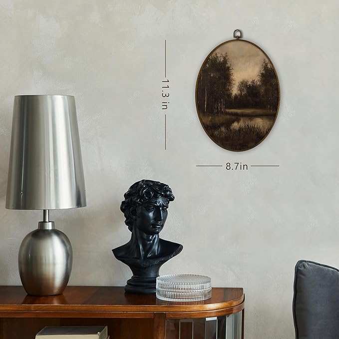 Gnmduw Vintage Moody Landscape Oval Wall Art Framed, Rustic Farmhouse Scene Canvas Prints Hanging Decorations, Antique Dark Scenery Wall Decor for Bedroom Living Room Bathroom, 8.7x11.3 Inch