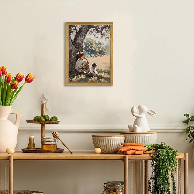 Wood Framed Canvas Wall Art, Vintage Boy and Dog Painting Poster, Countryside Pastoral Landscape Print Picture, Rustic Farmhouse Wall Decor for Living Room Bedroom Nursery 16x24 inch