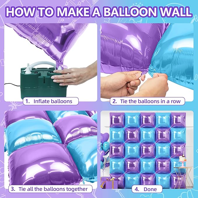 NISOCY 25PCS Light Purple and Blue Square Foil Balloons Wall Backdrop Double Sided Purple and Light Blue Frozen Balloons Arch Kit for Birthday Baby Bridal Shower Kids Winter Theme Party Decorations