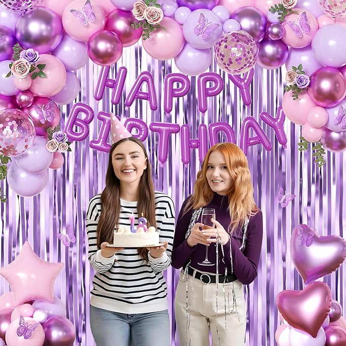Purple Pink Birthday Decorations, Metallic Magenta Purple Lavender Balloons Confetti Foil Balloons Happy birthday Banner Butterfly Fringe Curtains Birthday Decorations for Women Teens Girls