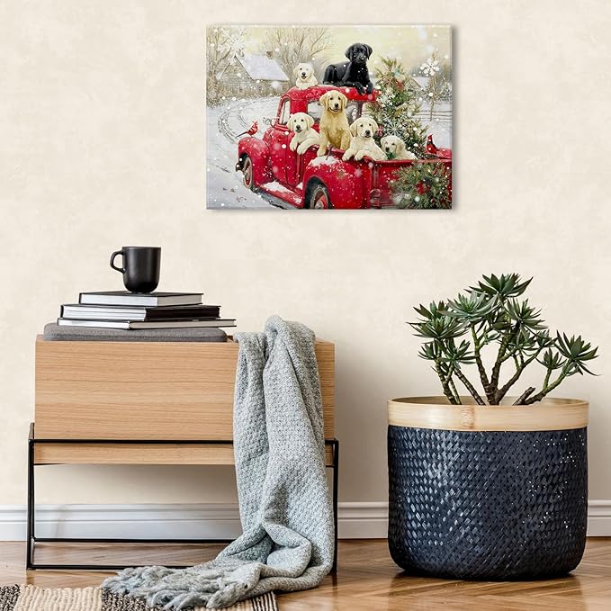 Christmas Wall Art for Living Room Red Pickup Truck Wall Decor Farmhouse Dogs Canvas Prints Christmas Tree Pictures Country Winter Snow Scenic Paintings Artwork Bedroom Kitchen Home Decorations 12x16"