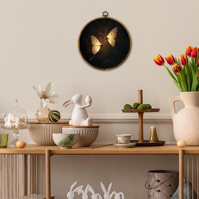 Mcehtle Vintage Butterfly Wall Art Decor, Dark Moody Cottagecore Moth Insect Framed Canvas Prints 10x10, Neutral Farmhouse Round Wall Hanging Artwork Decorations for Gallery Bedroom Living Room