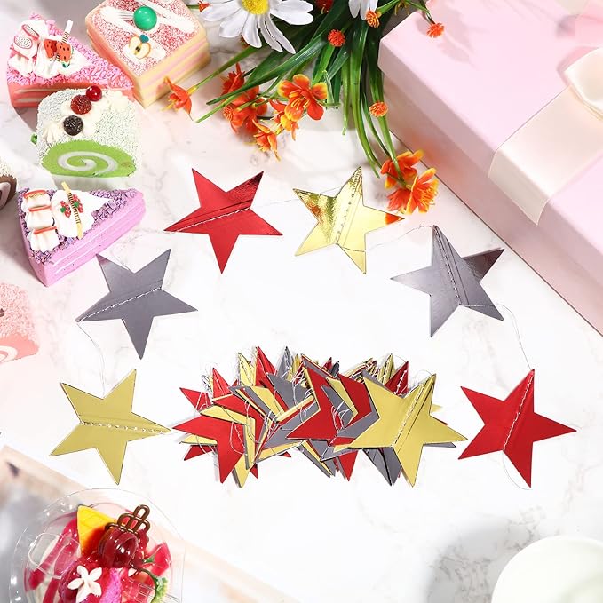 Patelai Glitter Star Garland Banner 2026 Graduation Decor 130 Feet Star Hanging Banner Twinkle Backdrop for Party Birthday Classroom Wedding Supplies(Red, Black, Gold)