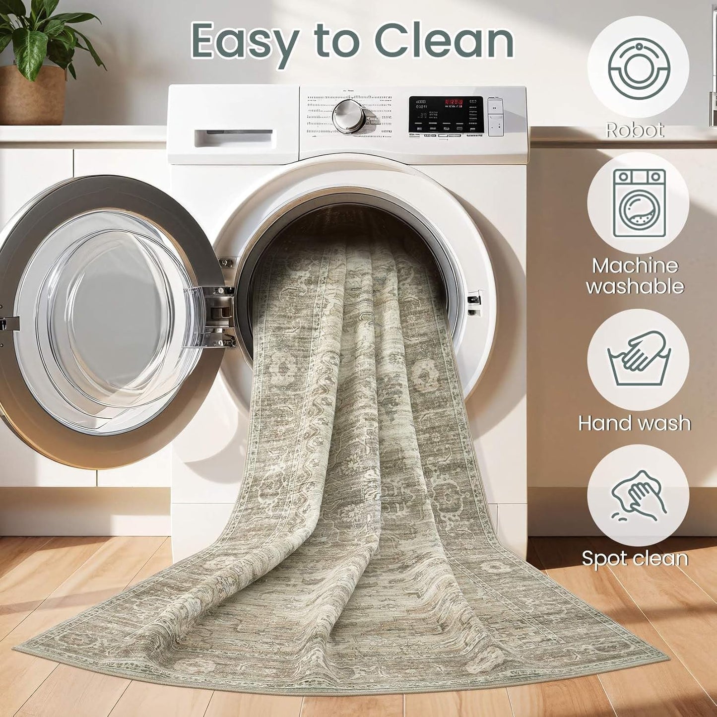 Washable Area Rugs for Living Room -10x13 Neutral Vintage Distressed Floral Farmhouse Boho Large Soft Floor Rug Indoor Non Slip Carpet for Living Room Bedroom Dining Room Office-Brown/Tan
