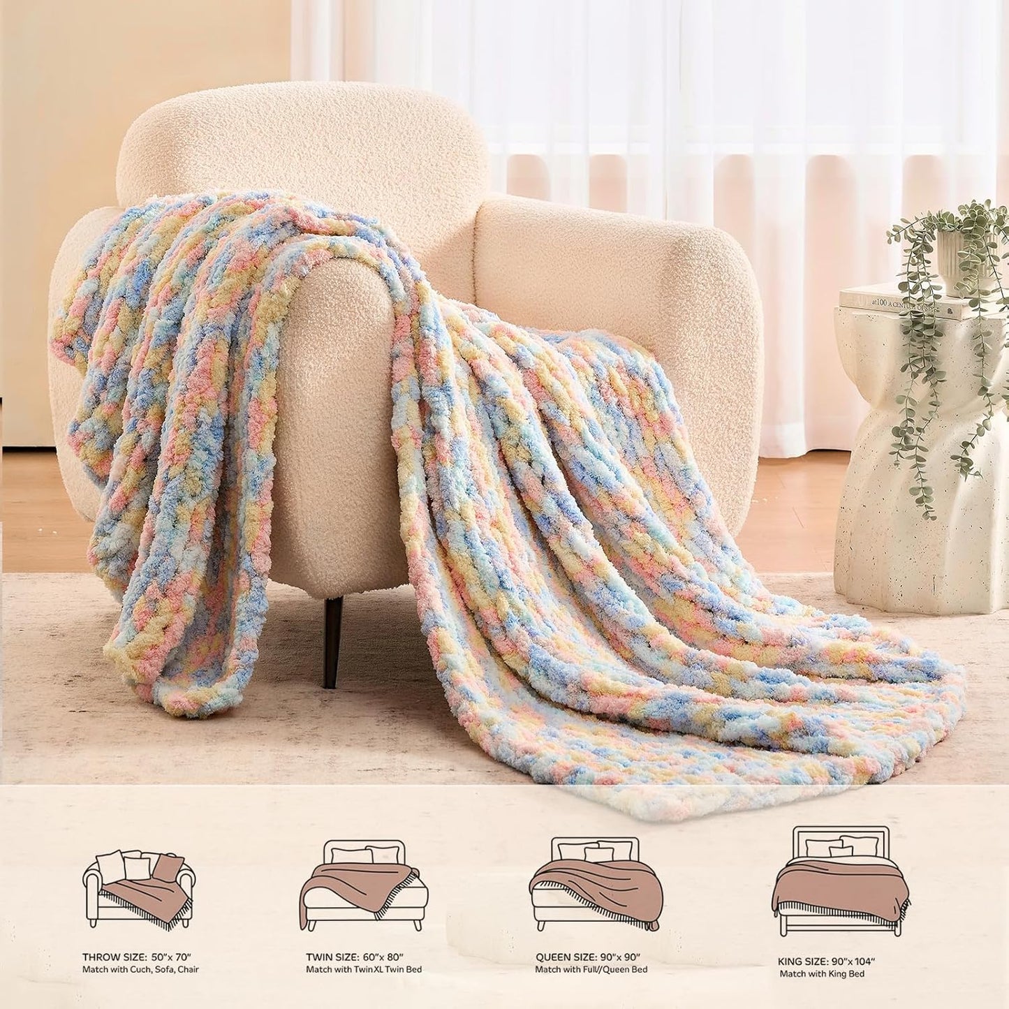 L'AGRATY Chunky Knit Blanket Throw: 50''x60'' Chenille Chunky Knitted Throw Blankets for Bed Couch - Handmade Thick Cable Knit Blanket - Large Crochet Rope Blankets for Home Decor