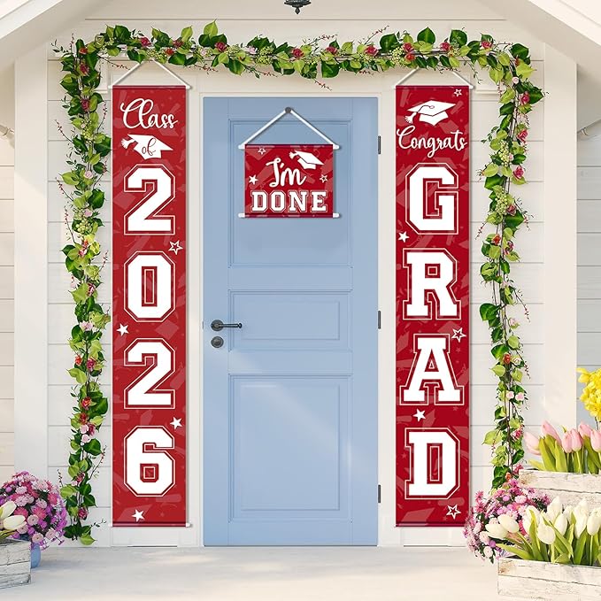 Moukeren 3 Pieces 2026 Graduation Party Decorations Graduation Porch Sign Class of 2026 Grad Hanging Porch Banner Backdrop Door Sign for Grad Party Home Door Wall Decor(Red)