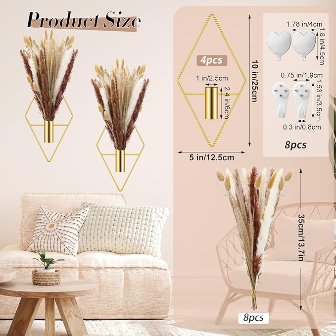 Hanaive 4 Sets Boho Gold Wall Decor Metal Wall Art Hanging Planters with Artificial Pampas Display Art Modern Home Metal Vase for Bedroom Room Home Office (Gold,Mixed Style)