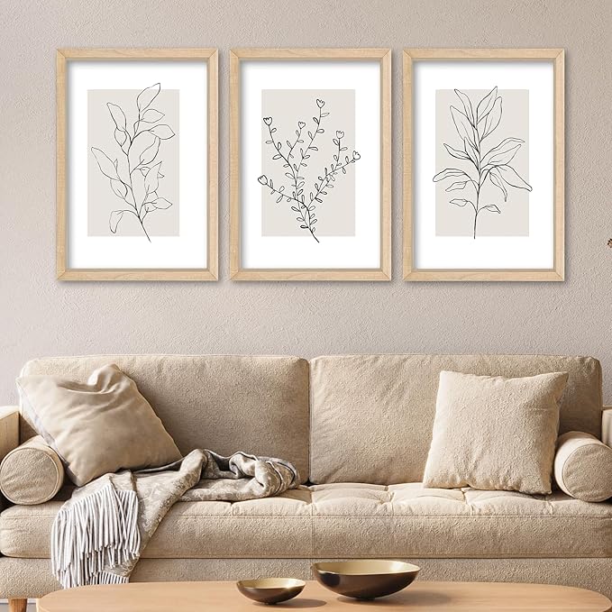 YWJKWLGS Neutral Botanical Prints Framed Wall Art Decor 16x24 Inch Set of 3 Boho Plant pictures Sign minimalist Vintage for Bedroom Office bathroom Wall Hanging (Wood)