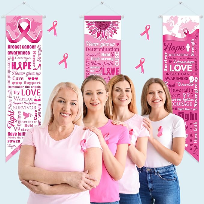3 Pieces Breast Cancer Awareness Decorations Pink Ribbon Banners Porch Signs Awareness Ribbon Hanging Backdrops for Indoor Outdoor Breast Cancer Party Decor Supplies