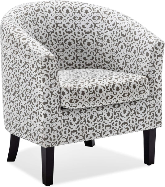 BELLEZE Accent Barrel Chair, Linen Round Chair Club Tub Sofa Corner Chair with Flared Legs and Cozy Soft Padding for Living Room Bedroom Waiting Room - White & Brown