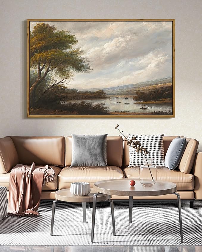 SHENIFY Vintage Landscape Framed Wall Art Riverside Scenery Farmhouse Decor Retro Boat Travel Painting for Hallway Living Room Bedroom Dining Room - 24x36in Natural Framed