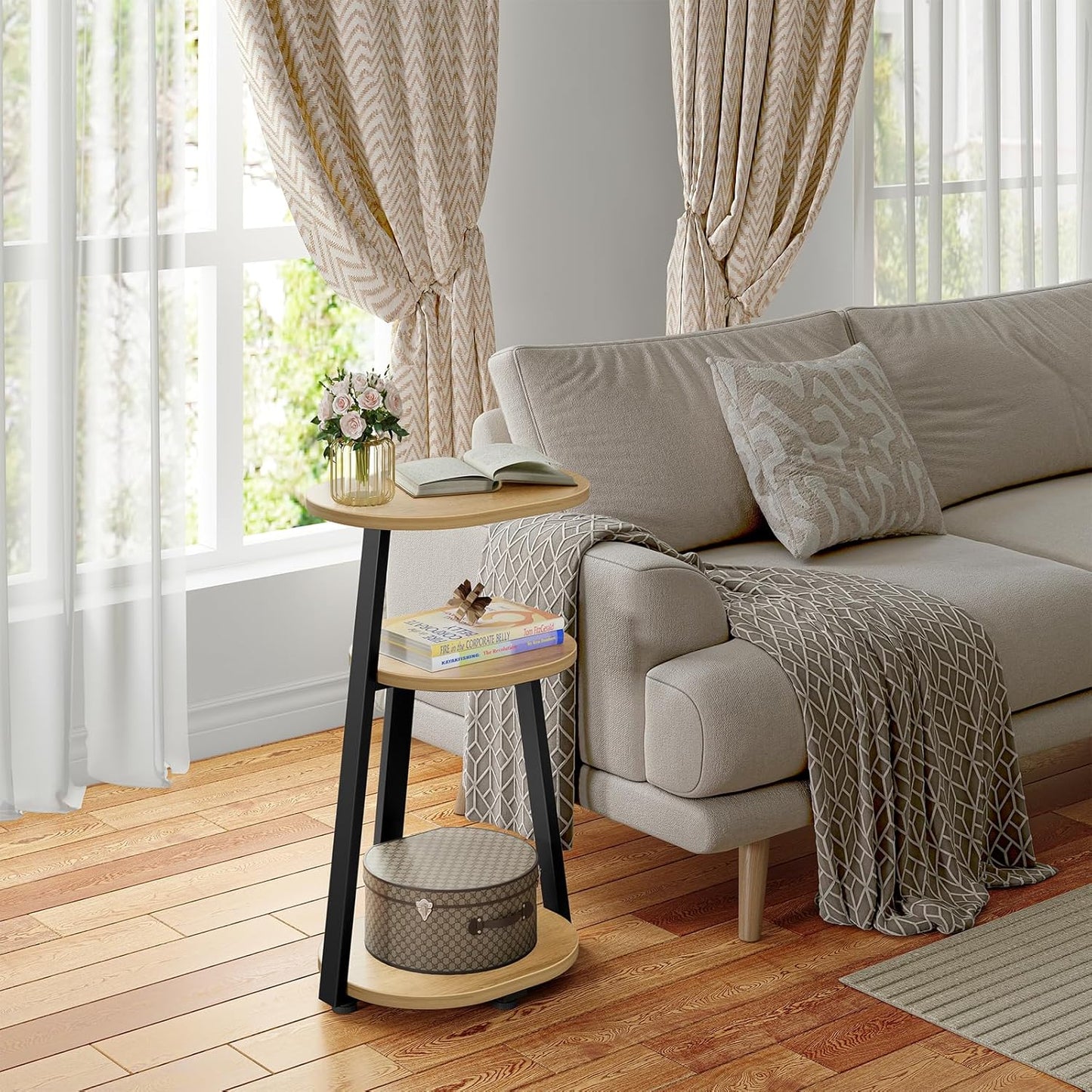 Side Table, Small End Table with Metal Frame, 3-Tier Bedside Tables, Round Side Tables for Living Room Bedroom Couch Bathroom, Oval, Modern Oak