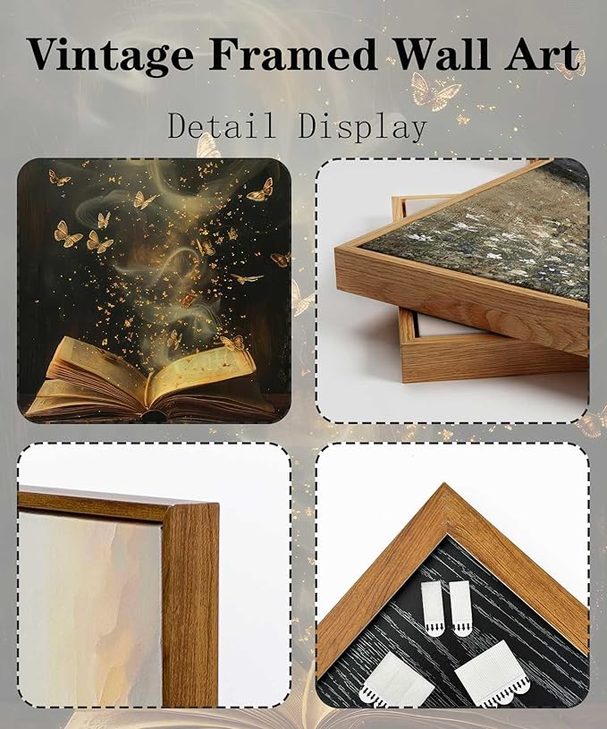 Framed Moody Victorian Bookish Wall Art Dark Academia Library Canvas Wall Decor Picture Vintage Reading Nook Butterfly Aesthetic Painting Poster Print for Gallery Library Bookstore Decoration 16x24in