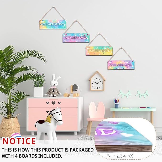 4 Pieces Tie Dye Decor Kids Room Wall Decor Wooden Sign - Motivational Wall Art For Kids Room Nursery Playroom Classroom - You Are Loved Brave Kind Smart(Sign-04)