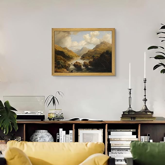 Framed Vintage Landscape Wall Art Home Decor, Retro Mountain Vintage Painting Prints, Countryside Farmhouse Landscape Wall Decor, Canvas Wall Art for Living Room Bedroom Home Bathroom Decor 16x24 Inch