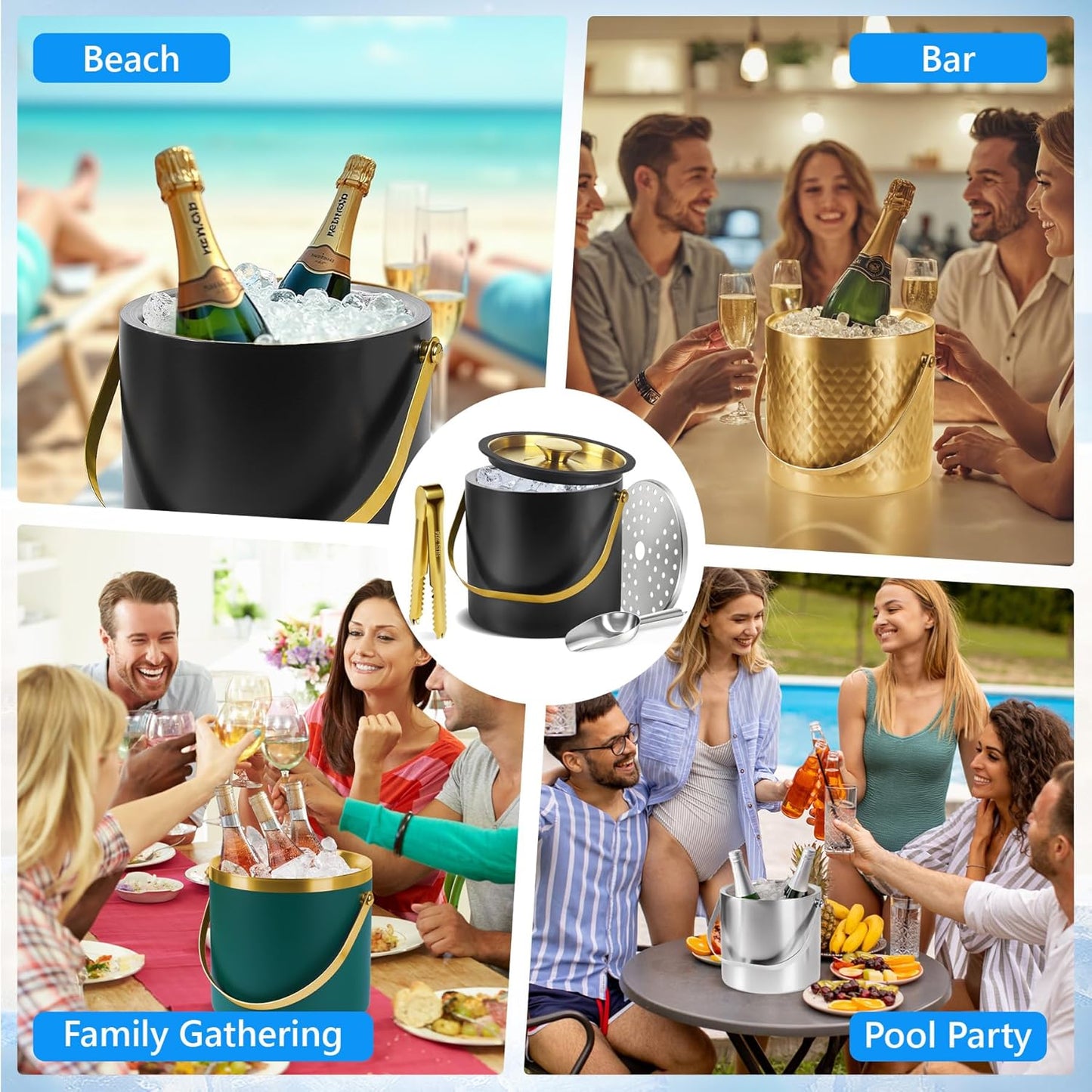 Ice Bucket, Gold Ice Bucket 3L with Silicone Sealing Ring Double-Wall Vacuum Insulation Champagne Buckets with Filter Layer Ice Tongs Ice Scoop (Gold, 3 L)