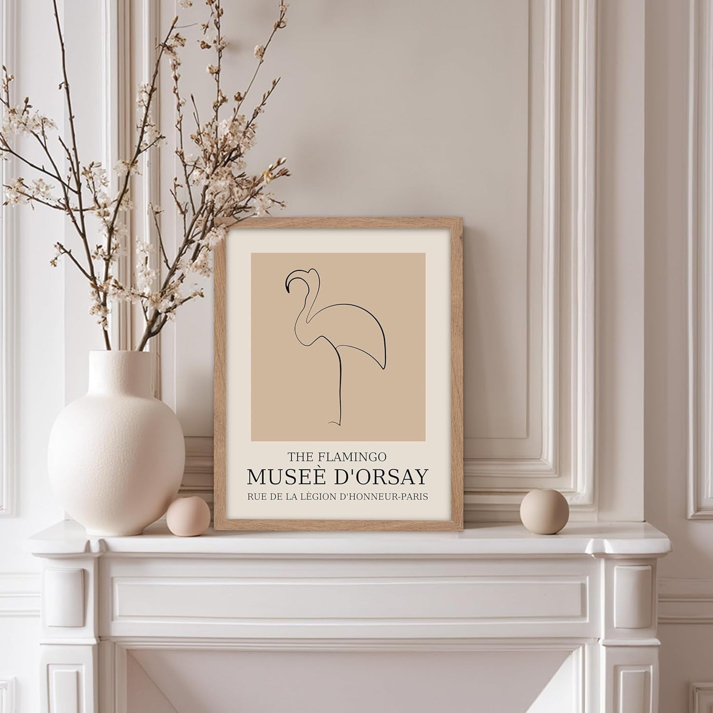 Poster Master Vintage Poster - Retro Minimalist Print - Gift for Artist, Housewarming - Flamingo, Line Drawing, Sketch, Abstract - Wall Decor for Living Room, Bedroom, 8x10 Beige Framed