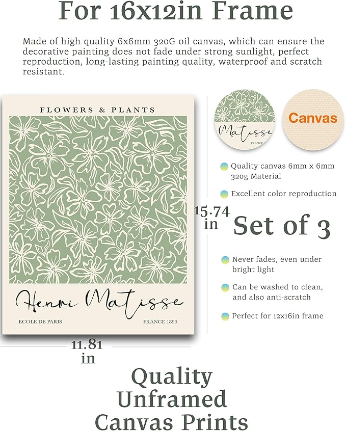 HesenDot Matisse Sage Green Wall Art Set of 3,William Morris Wall Art Decor,12x16IN Truly Quality Canvas Wall Art Pictures,Yayoi Kusama Print, Unframed Fabric wall art,Art poster decoration for