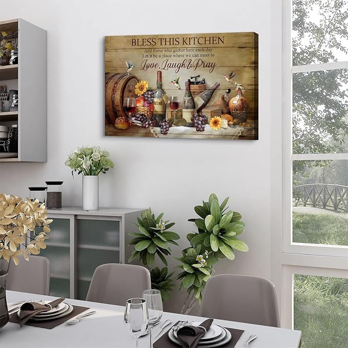 Rustic Kitchen Wall Art Farmhouse Dining Room Decor Wine Wineglass Wall Decor Positive Quotes Picture Canvas Prints Bless This Kitchen Poster Inspirational Painting Artwork Home Decoration 16x24"